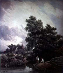 Paisaje con molino de agua y figuras