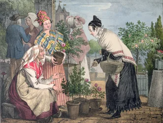 El Mercado de Flores, París, grabado por Charles Joseph Hullmandel (1789-1850), publicado en 1821