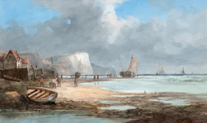 Marina con barcos de pesca y una casa