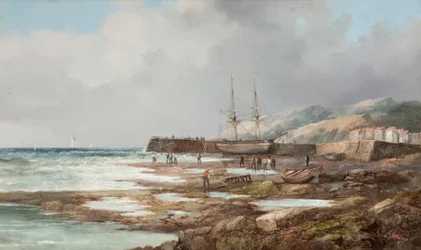 Sin título [velero atracado con pueblo al fondo]