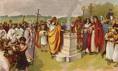 Constantino el Grande ofreciendo un sacrificio cuando llegan los primeros cristianos, York, 306 (chromolitho)