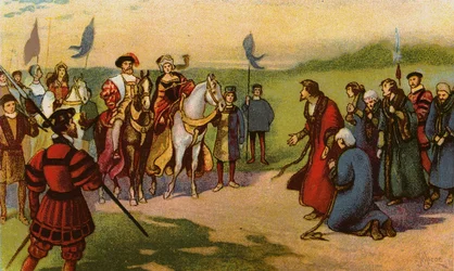El rey Enrique VIII y Catalina Howard llegan a York después de la Peregrinación de Gracia 1541 (chromolitho)
