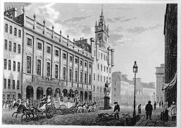 Vista del Ayuntamiento, Exchange, Glasgow, grabado por Joseph Swan, 1828