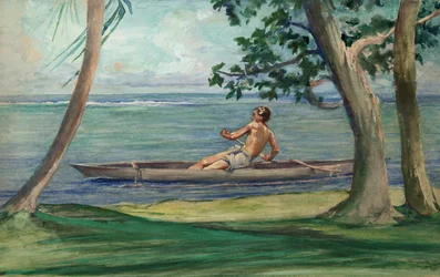 Chico en canoa pasando por delante de nuestra casa, Vaiala, Samoa