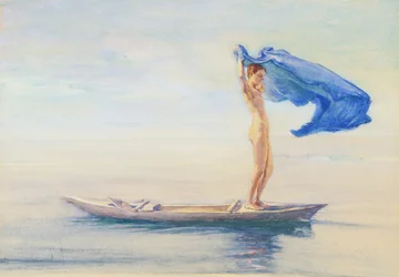 Niña en la proa de una canoa extendiendo su taparrabos como vela, Samoa, c.1895-96