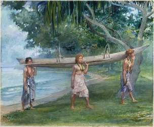 Niñas transportando una canoa, Vaiala en Samoa