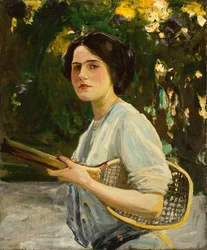 Eileen Lavery sosteniendo una raqueta de tenis