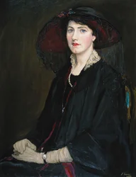 Retrato de Lady Raeburn, sentada medio cuerpo, con chaqueta de cuello de encaje, collar de perlas y sombrero negro