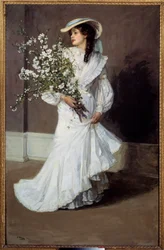 Primavera. Alegoría de la primavera: retrato de una mujer vestida de blanco con un ramo de flores. Pintura de Sir John Lavery (1856-1941)