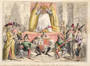 Coronación de Enrique IV (según las mejores fuentes), de «La historia cómica de Inglaterra», publicado en 1864
