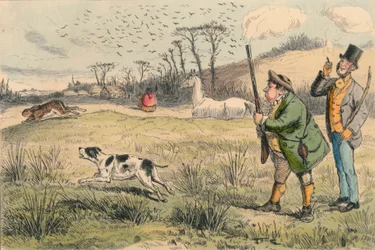 Sr. Jogglebury Crowdey con su perro y su arma, c1860s