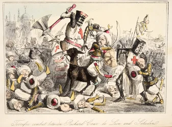 Combate terrible entre Ricardo Corazón de León y Saladino, de The Comic History of England, pub. 1864