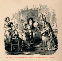 El obispo de Ely presentando una cesta de fresas a Gloster