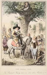 El roble real. ¡La familia Penderell no tiene idea de dónde está Carlos!, de The Comic History of England, pub. 1864