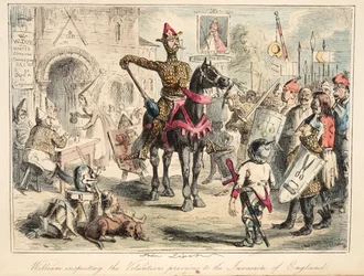 Guillermo el Conquistador inspeccionando a los voluntarios antes de la invasión de Inglaterra, de The Comic History of England, pub. 1864