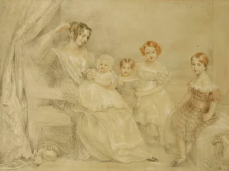 Retrato de la Sra. W.S. Fry y sus cuatro hijos: Emma, Willy, Julie y Georgina, sentados en un interior, 1840