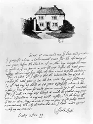 Facsímil de una carta que ilustra la casa en la que nació Locke en Wrington, Somerset
