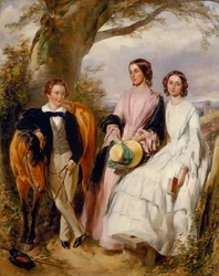 Retrato grupal de dos mujeres, un niño y su potro (óleo sobre lienzo)