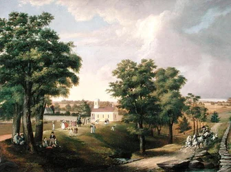 Vista de la casa de la escuela en Greens Farms