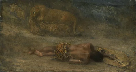 Una leona con sus cachorros junto a un hombre negro muerto, llamado «Nemesis»