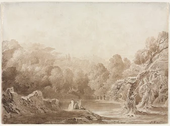 Un hombre tocando un arpa con otras figuras junto a un lago, 1820