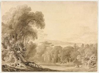 Figuras sentadas junto a un lago en un paisaje boscoso, 1820