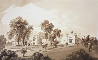 Vista de la Casa de la Granja con Pantalla a los Establos y Edificios de la Granja a la Casa Sezincote, grabado por Frederick Christian Lewis Snr., c.1817-18