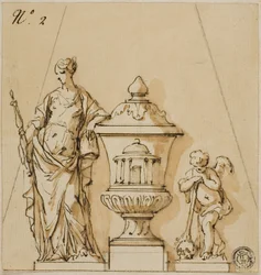 Diseño para un monumento funerario con el destino, urna, putto