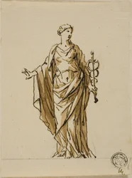 Figura alegórica de pie con caduceo (¿Paz?)