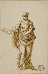 Figura femenina de pie con el brazo derecho levantado
