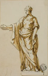 Figura femenina de pie con el brazo derecho levantado