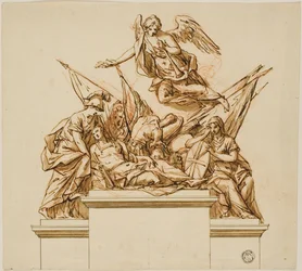 Guerrero acompañado por Britannia, Minerva y la Fama (anverso); Diseño para el monumento a Nicholas Rowe (reverso)