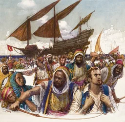 Cautivos árabes encadenados en los muelles, con un dhow al fondo.