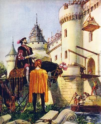El rey Francisco I de Francia, supervisando la construcción de castillos (litografía en color)