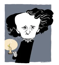 Edgar Allan Poe - caricatura, sosteniendo un bastón de vela