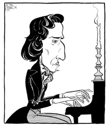 Frederic Chopin - caricatura del compositor y pianista polaco tocando el piano