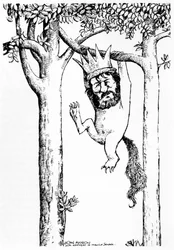 Oliver Knussen - caricatura colgando de un árbol con corona - compositor y director de orquesta inglés - b