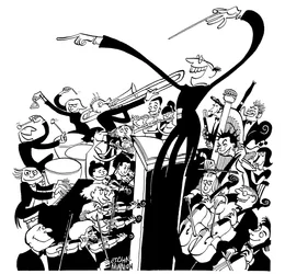 Orquesta y director - caricatura de John Minnion