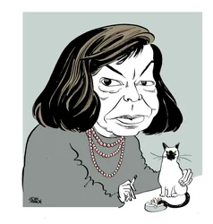 Patricia Highsmith - caricatura con su gato, fumando