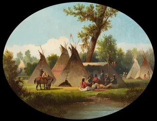 Campamento Assiniboin en el Alto Missouri, c.1870
