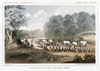 Distribución de bienes a los Gros Ventres, pub. 1860