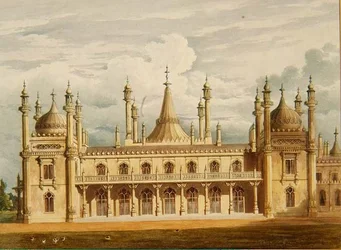 Mirando al oeste, el apartamento del rey con apartamentos de la casa arriba de Vistas del Pabellón Real, Brighton por John Nash