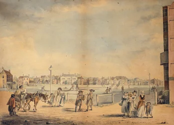 Brighton, mostrando la Biblioteca Circulante de la Srta. Widgett, Marlborough House, el Castle Inn y Assembly Rooms y el Marine Pavilion, 1792