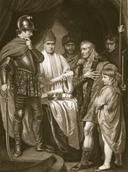 Baliol entregando su corona a Eduardo I, grabado por J. Parker, ilustración de 