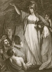 Boadicea arengando a los britanos, grabado por Sharp, ilustración de 