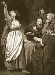 Juana de Arco declarando su misión, grabado por T. Holloway, ilustración de 