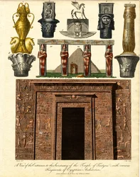 Vista de la entrada al santuario del templo de Tentyra: con varios fragmentos de arquitectura egipcia