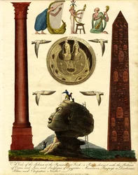 Vista de la Esfinge de las Pirámides de Gizeh: una patera con los retratos de Osiris e Isis y esculturas de músicos egipcios, la columna de Pompeyo o Dioclesiano y la aguja de Cleopatra.