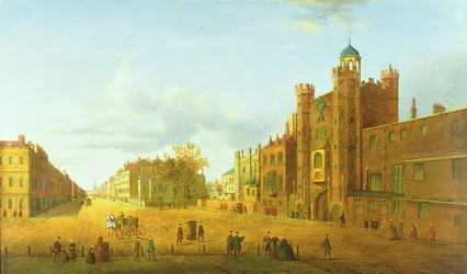 Vista del Palacio de St. James, mirando más allá de Down Pall Mall, principios del siglo XIX