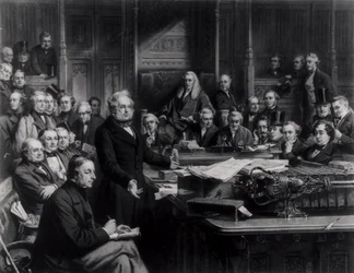 La Cámara de los Comunes en 1860: Lord Palmerston dirigiéndose a la Cámara durante el debate sobre el tratado con Francia, grabado por Falkner, 1863